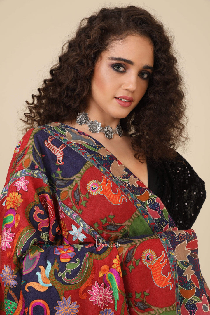 Pashtush India 114x228 Pashtush Womens Shikaar-Dar Hand Embroidered, Shawl In Fine Wool