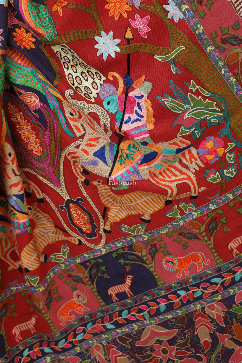 Pashtush India 114x228 Pashtush Womens Shikaar-Dar Hand Embroidered, Shawl In Fine Wool