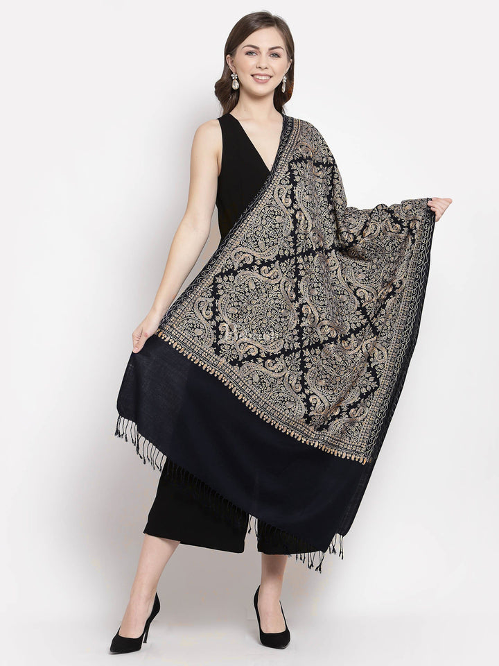 Pashtush India Womens Stoles and Scarves Scarf Pashtush Womens Silk-Fine Wool Blend Wool, Nalki Embroidery Needlework Stole, Black