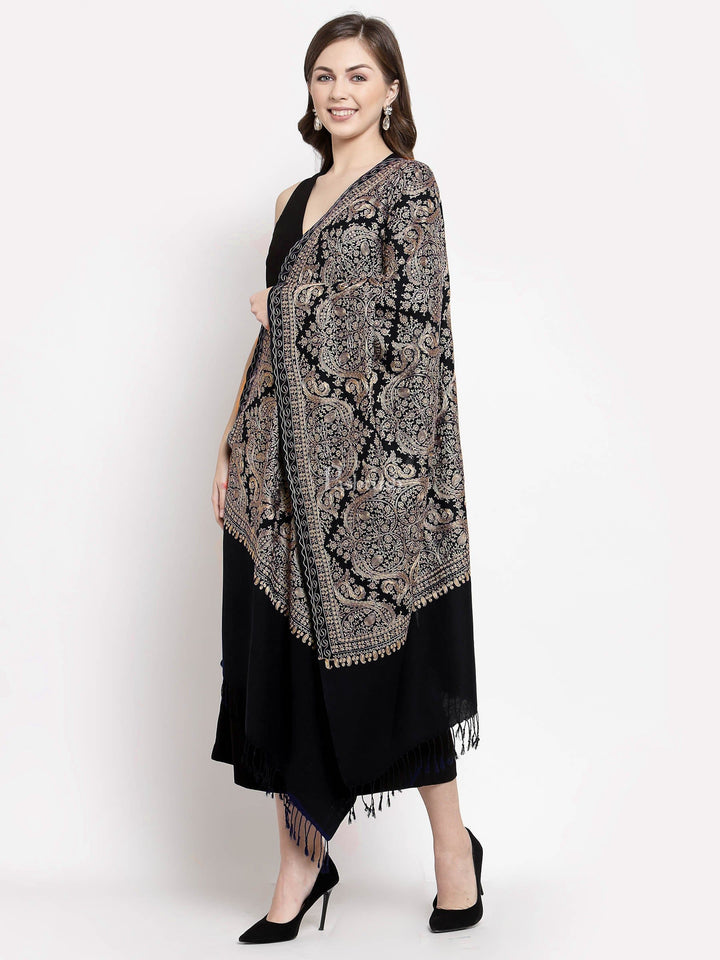Pashtush India Womens Stoles and Scarves Scarf Pashtush Womens Silk-Fine Wool Blend Wool, Nalki Embroidery Needlework Stole, Black