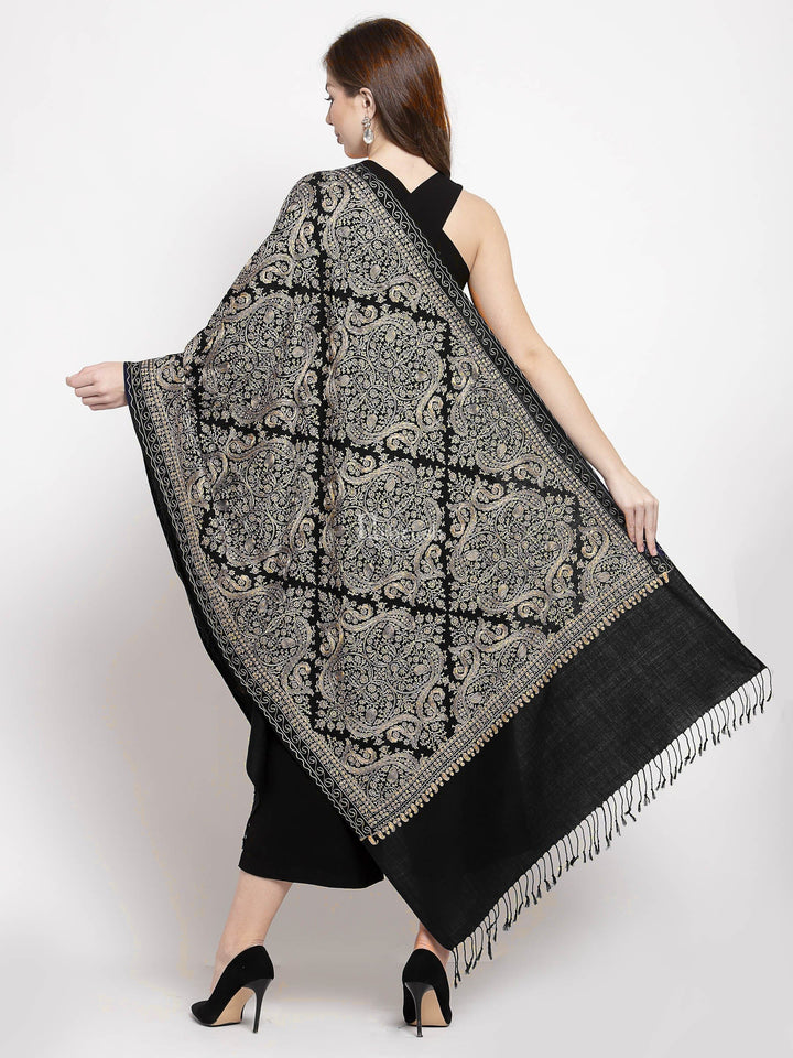 Pashtush India Womens Stoles and Scarves Scarf Pashtush Womens Silk-Fine Wool Blend Wool, Nalki Embroidery Needlework Stole, Black