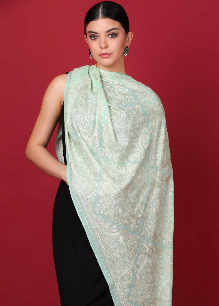 Pashtush Store Stole Pashtush Womens Silk-Pashmina Fine Wool, Nalki Embroidery Needlework Stole, Pistachio Green