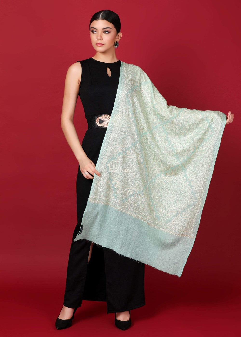 Pashtush Store Stole Pashtush Womens Silk-Pashmina Fine Wool, Nalki Embroidery Needlework Stole, Pistachio Green
