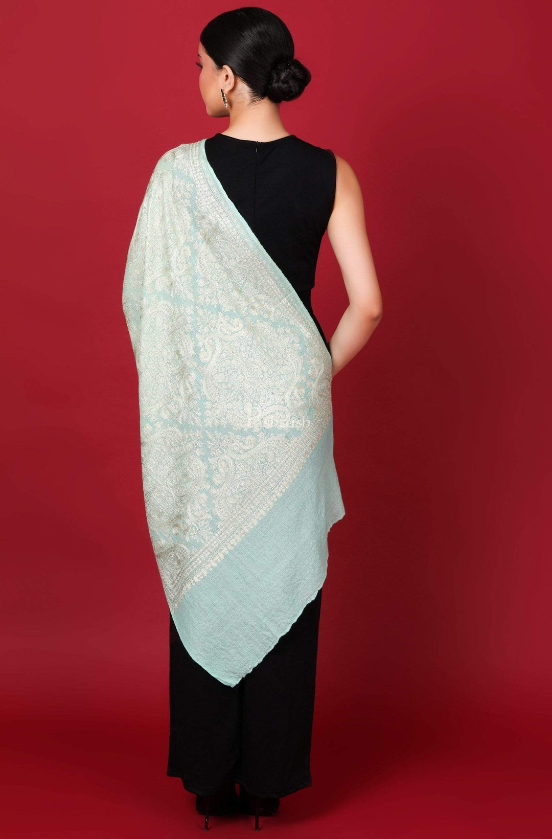 Pashtush Store Stole Pashtush Womens Silk-Pashmina Fine Wool, Nalki Embroidery Needlework Stole, Pistachio Green