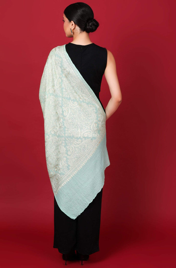 Pashtush Store Stole Pashtush Womens Silk-Pashmina Fine Wool, Nalki Embroidery Needlework Stole, Pistachio Green