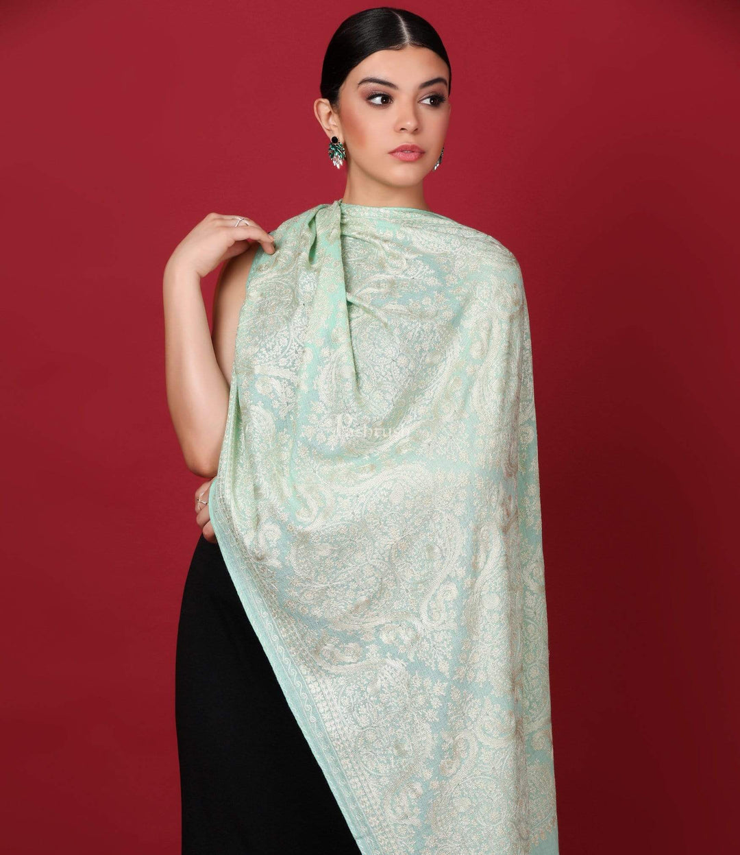 Pashtush Store Stole Pashtush Womens Silk-Pashmina Fine Wool, Nalki Embroidery Needlework Stole, Pistachio Green