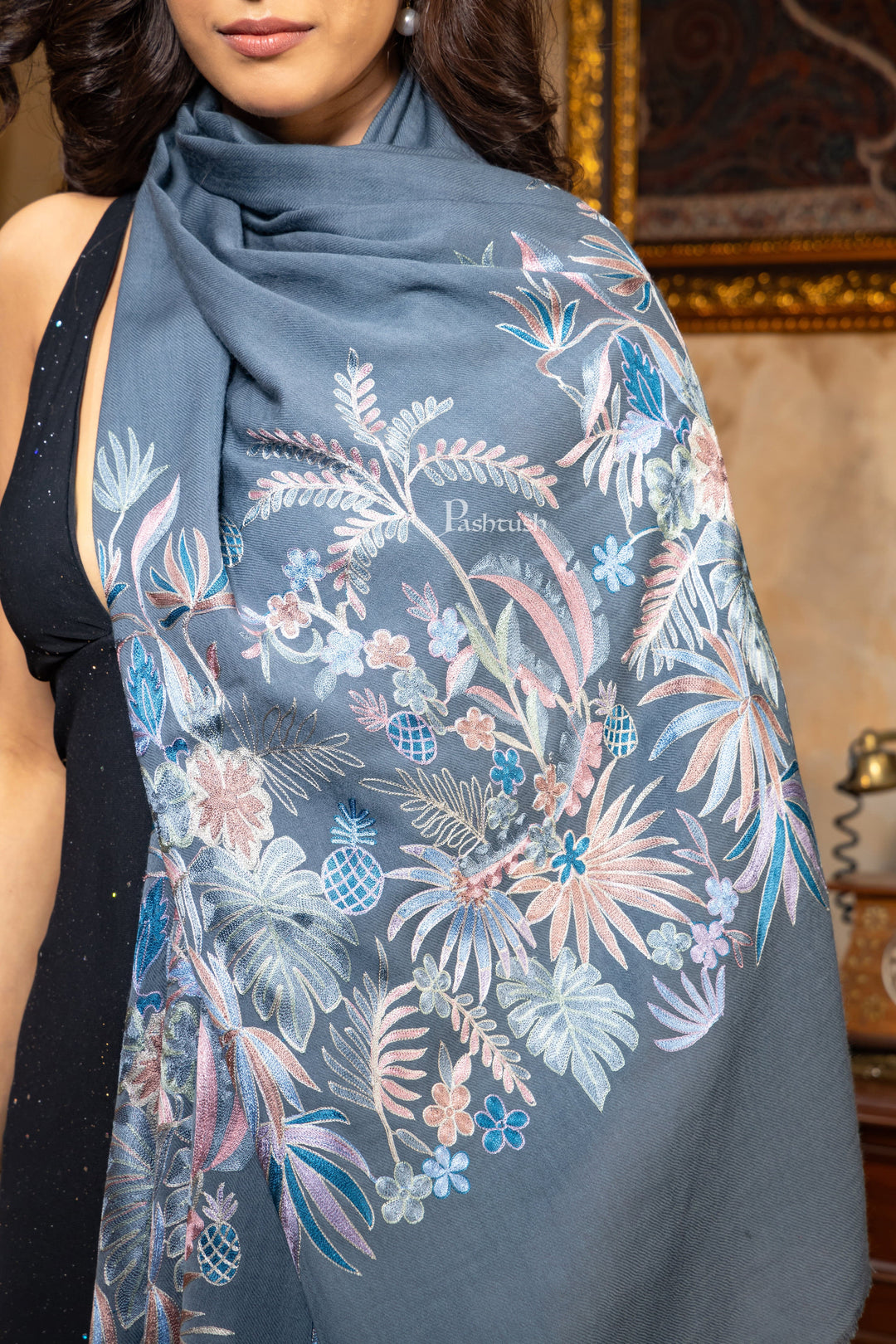 Pashtush India Womens Shawls Pashtush Womens Silk Wool Stole, Extra Fine Hand Embroidery, Topical Paradise, Melange Grey