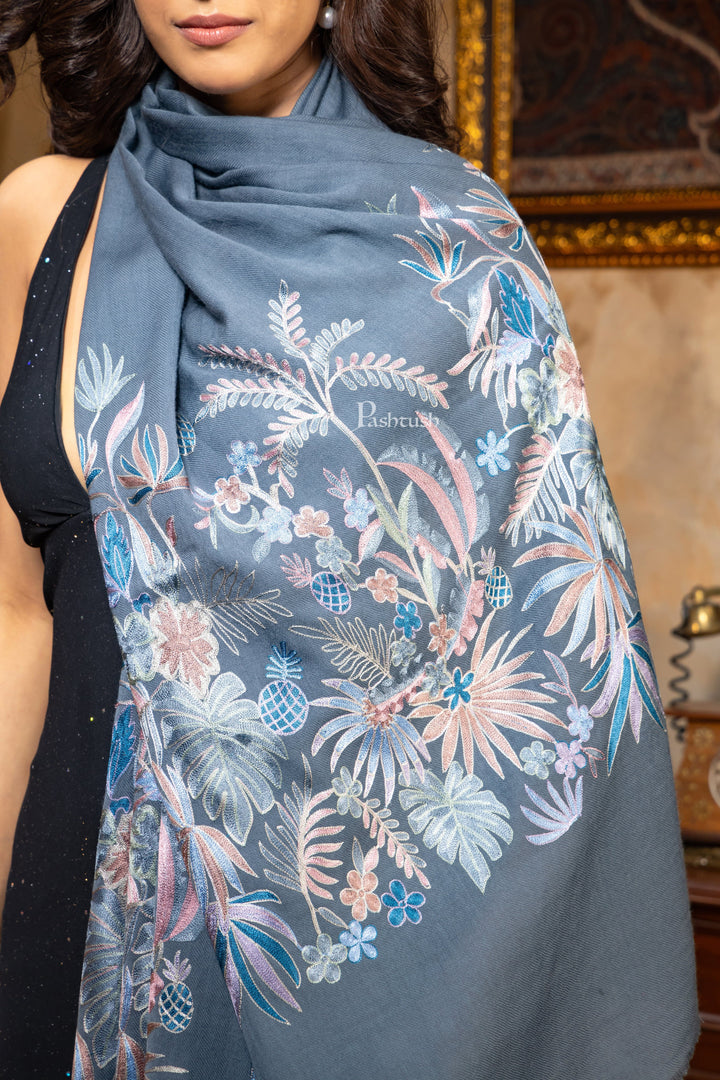 Pashtush India Womens Shawls Pashtush Womens Silk Wool Stole, Extra Fine Hand Embroidery, Topical Paradise, Melange Grey