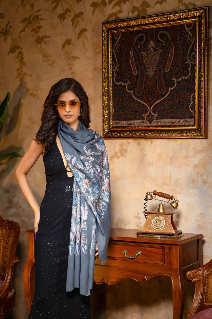 Pashtush India Womens Shawls Pashtush Womens Silk Wool Stole, Extra Fine Hand Embroidery, Topical Paradise, Melange Grey