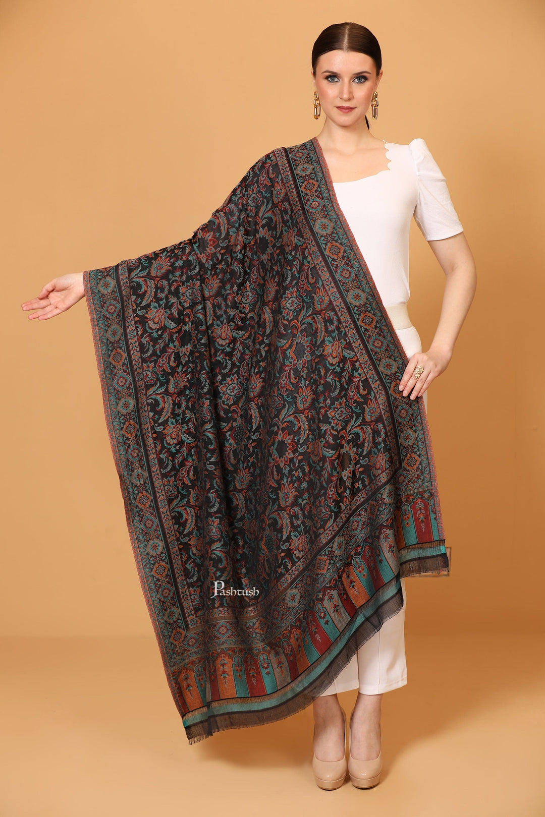Pashtush India Womens Shawls Pashtush Womens Soft Bamboo Shawl, With Woven Ethnic Paisley Weave, Black