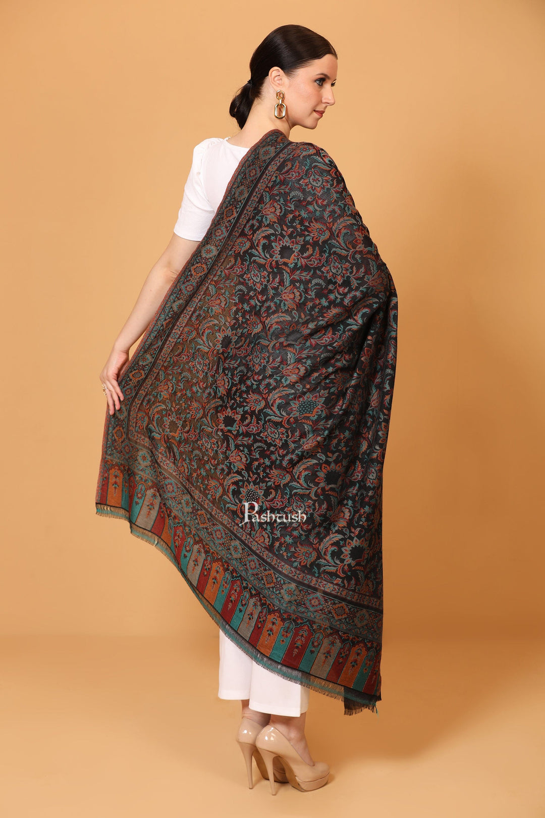 Pashtush India Womens Shawls Pashtush Womens Soft Bamboo Shawl, With Woven Ethnic Paisley Weave, Black