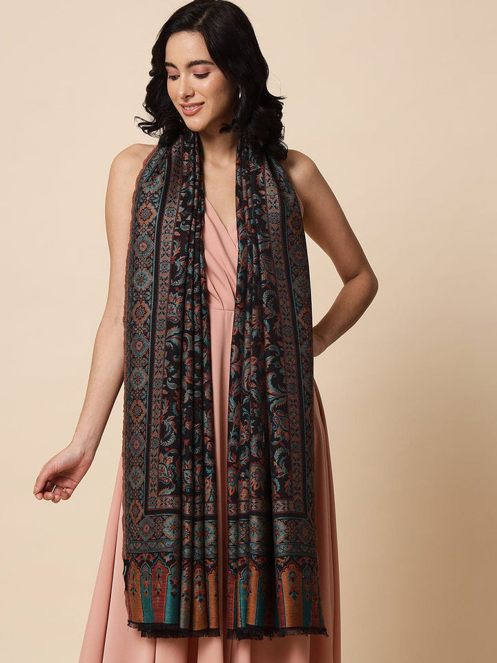 Pashtush India Womens Shawls Pashtush Womens Soft Bamboo Shawl, With Woven Ethnic Paisley Weave, Black