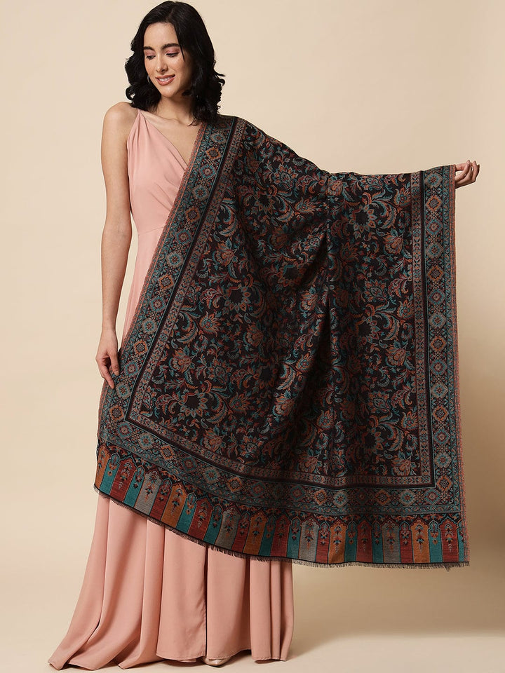 Pashtush India Womens Shawls Pashtush Womens Soft Bamboo Shawl, With Woven Ethnic Paisley Weave, Black