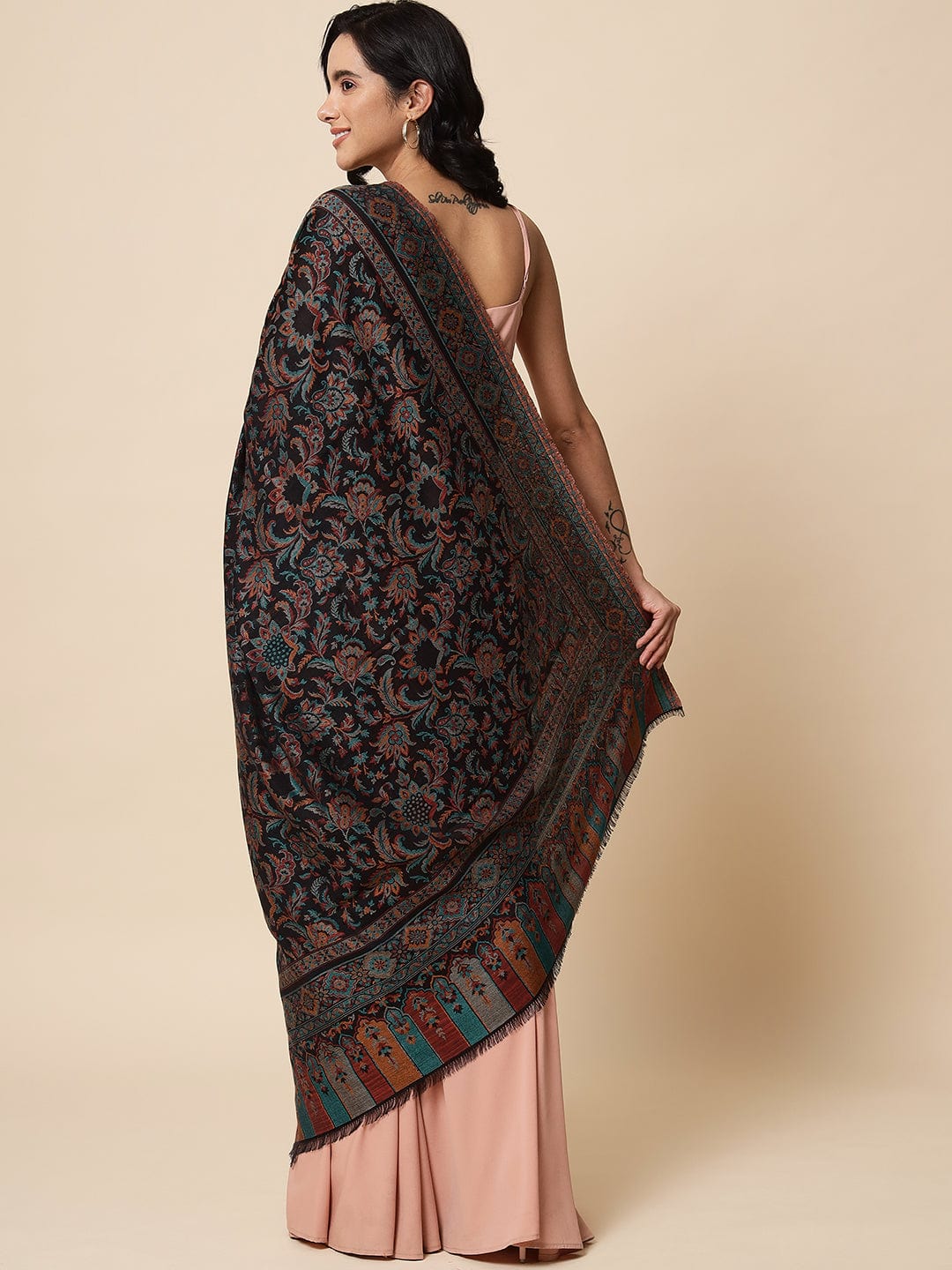 Pashtush India Womens Shawls Pashtush Womens Soft Bamboo Shawl, With Woven Ethnic Paisley Weave, Black