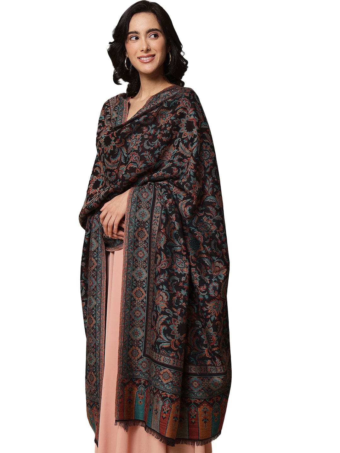 Pashtush India Womens Shawls Pashtush Womens Soft Bamboo Shawl, With Woven Ethnic Paisley Weave, Black