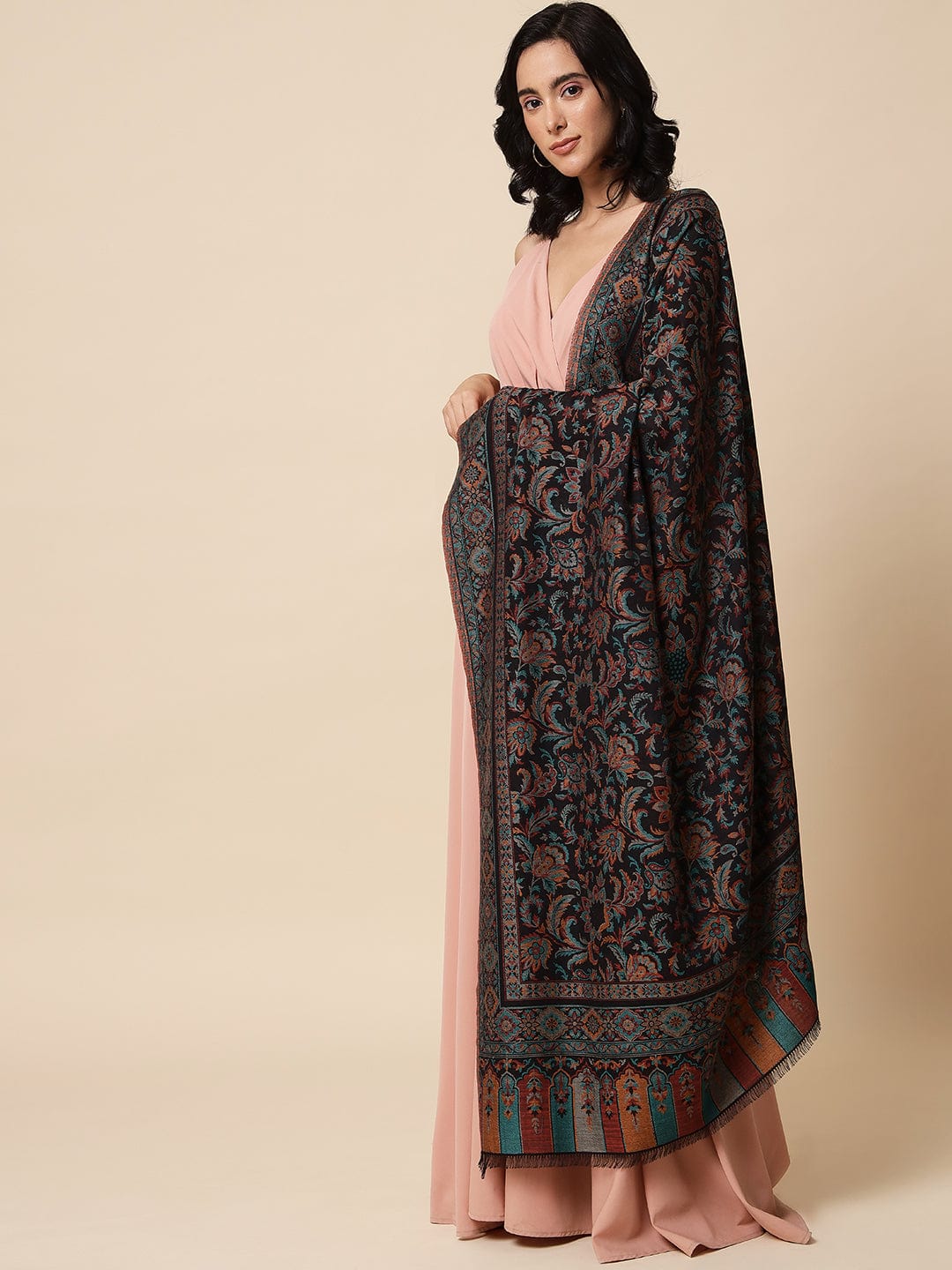 Pashtush India Womens Shawls Pashtush Womens Soft Bamboo Shawl, With Woven Ethnic Paisley Weave, Black