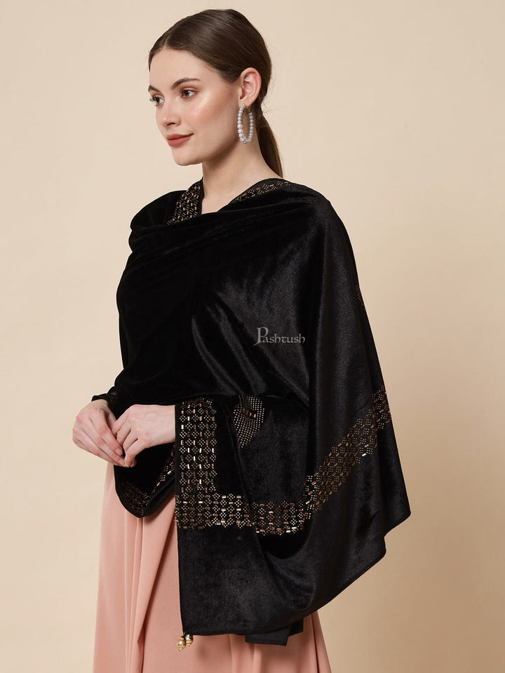 Pashtush India Womens Stoles and Scarves Scarf Pashtush Womens Soft Velvet Stole, Embellished With Shimmery Crystal Work, Black