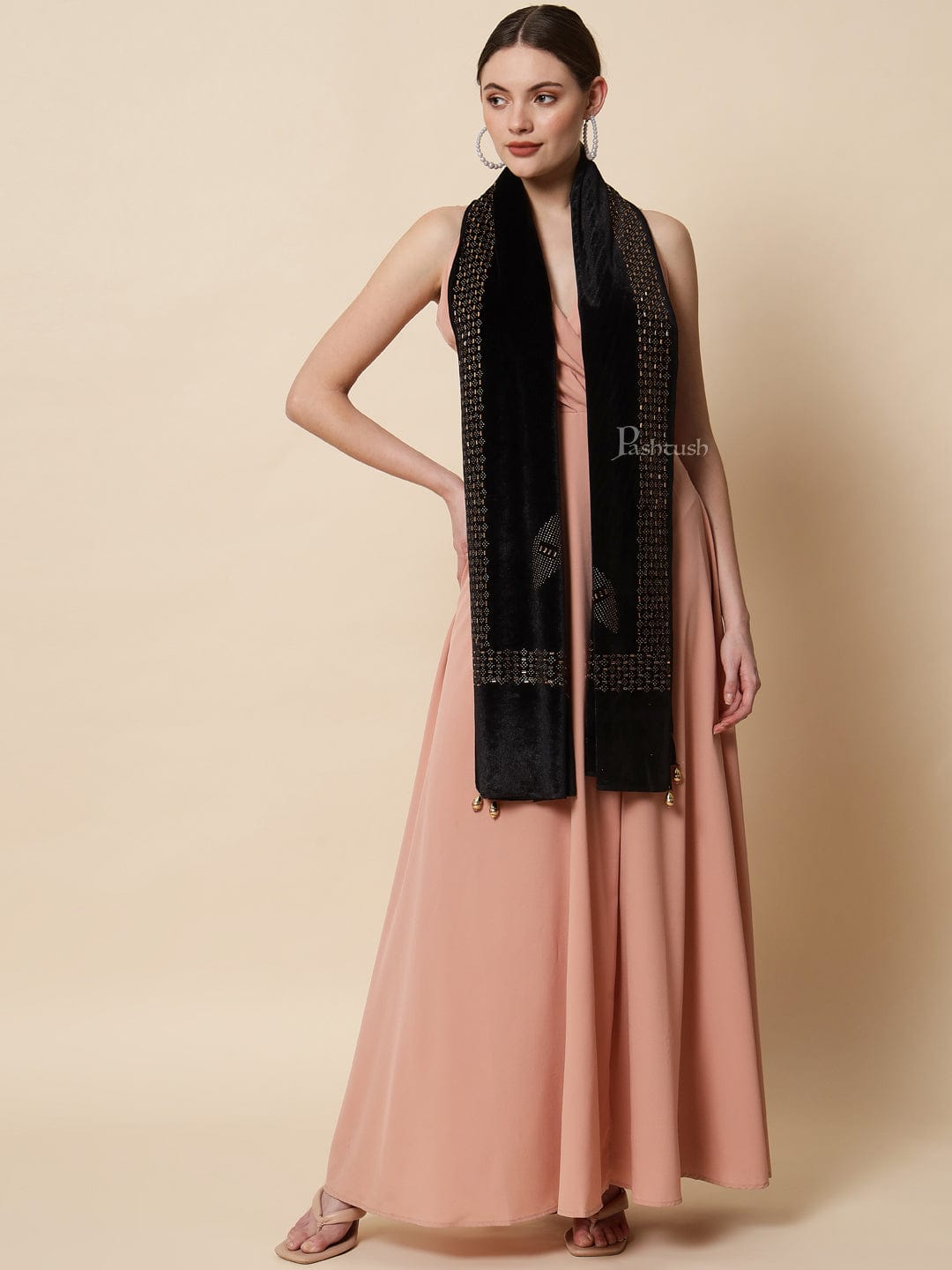 Pashtush India Womens Stoles and Scarves Scarf Pashtush Womens Soft Velvet Stole, Embellished With Shimmery Crystal Work, Black