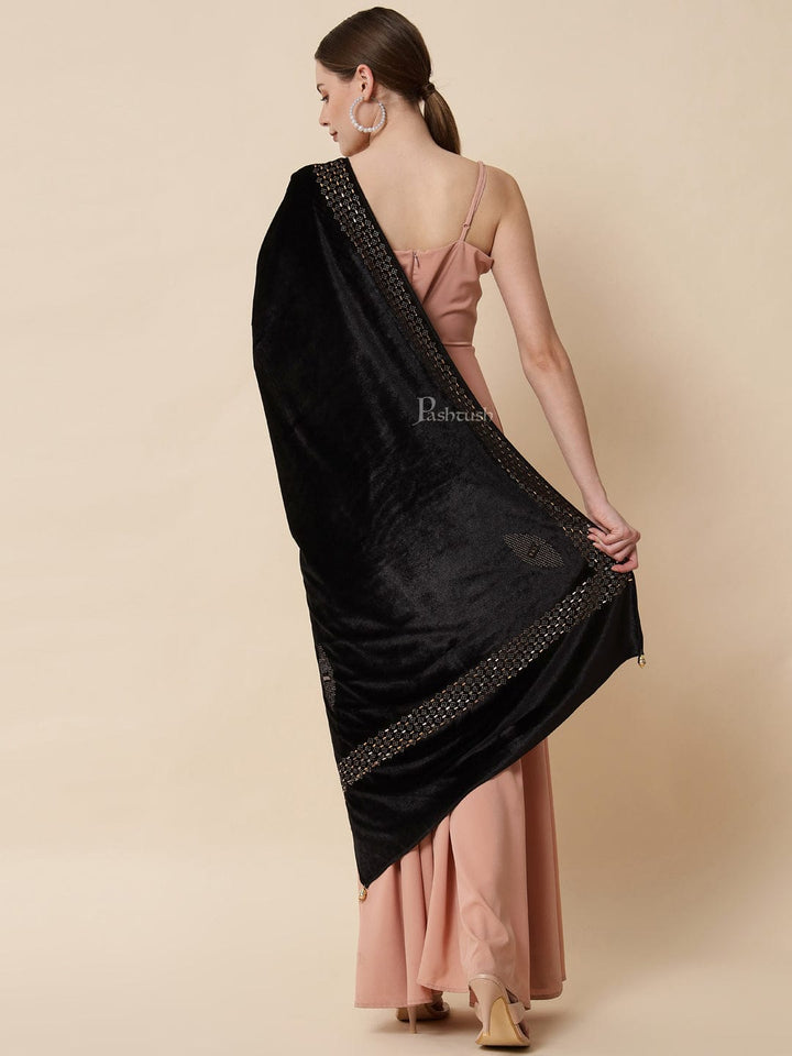 Pashtush India Womens Stoles and Scarves Scarf Pashtush Womens Soft Velvet Stole, Embellished With Shimmery Crystal Work, Black