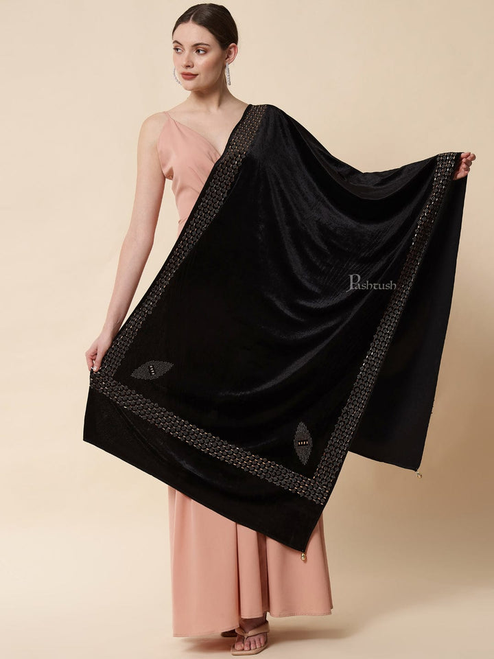 Pashtush India Womens Stoles and Scarves Scarf Pashtush Womens Soft Velvet Stole, Embellished With Shimmery Crystal Work, Black