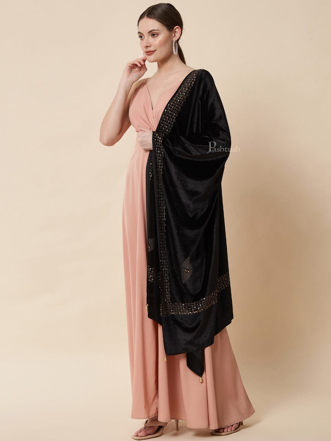 Pashtush India Womens Stoles and Scarves Scarf Pashtush Womens Soft Velvet Stole, Embellished With Shimmery Crystal Work, Black