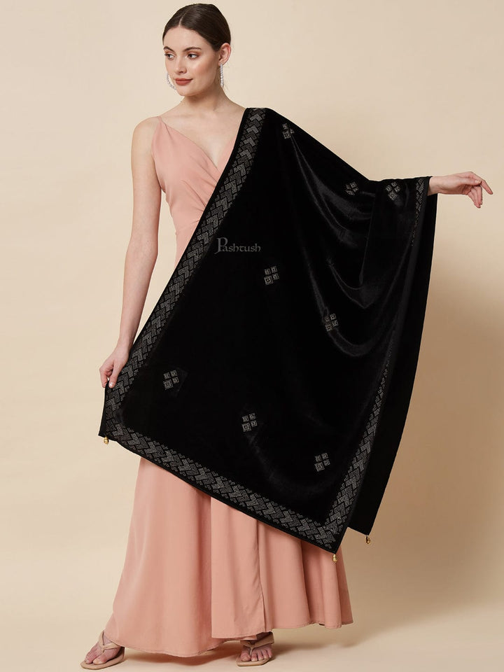 Pashtush India Womens Stoles and Scarves Scarf Pashtush Womens Soft Velvet Stole, Embellished With Shimmery Crystal Work, Black