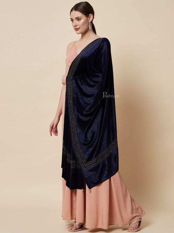 Pashtush India Womens Stoles and Scarves Scarf Pashtush Womens Soft Velvet Stole, Embellished With Shimmery Crystal Work, Blue