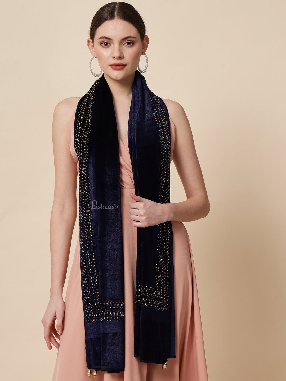 Pashtush India Womens Stoles and Scarves Scarf Pashtush Womens Soft Velvet Stole, Embellished With Shimmery Crystal Work, Blue