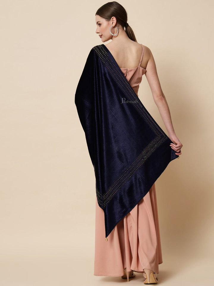 Pashtush India Womens Stoles and Scarves Scarf Pashtush Womens Soft Velvet Stole, Embellished With Shimmery Crystal Work, Blue