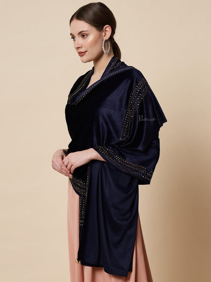 Pashtush India Womens Stoles and Scarves Scarf Pashtush Womens Soft Velvet Stole, Embellished With Shimmery Crystal Work, Blue