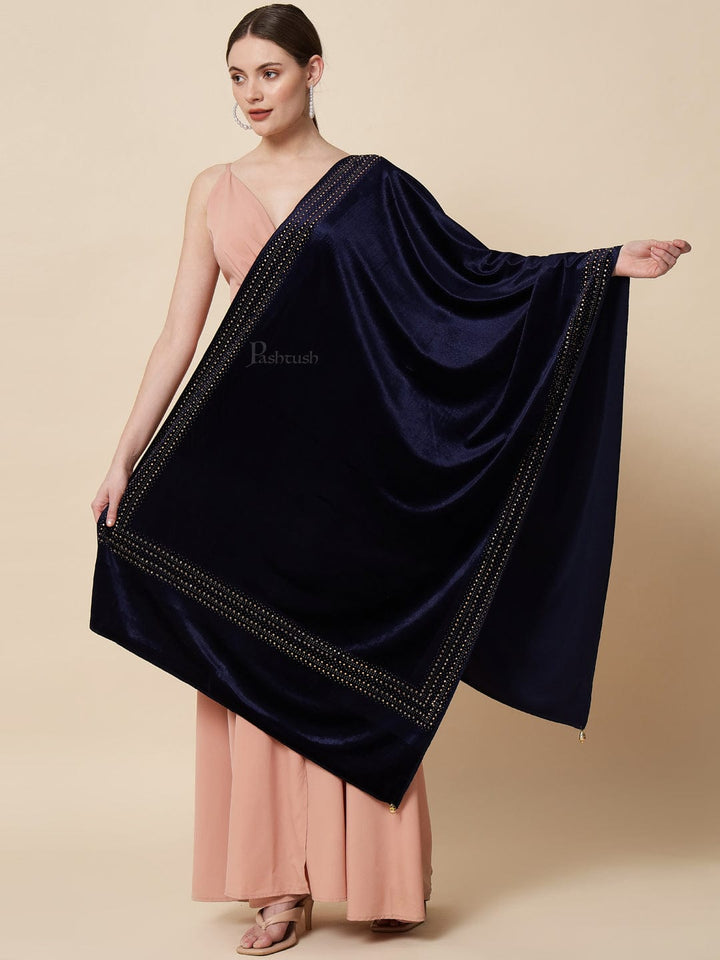 Pashtush India Womens Stoles and Scarves Scarf Pashtush Womens Soft Velvet Stole, Embellished With Shimmery Crystal Work, Blue