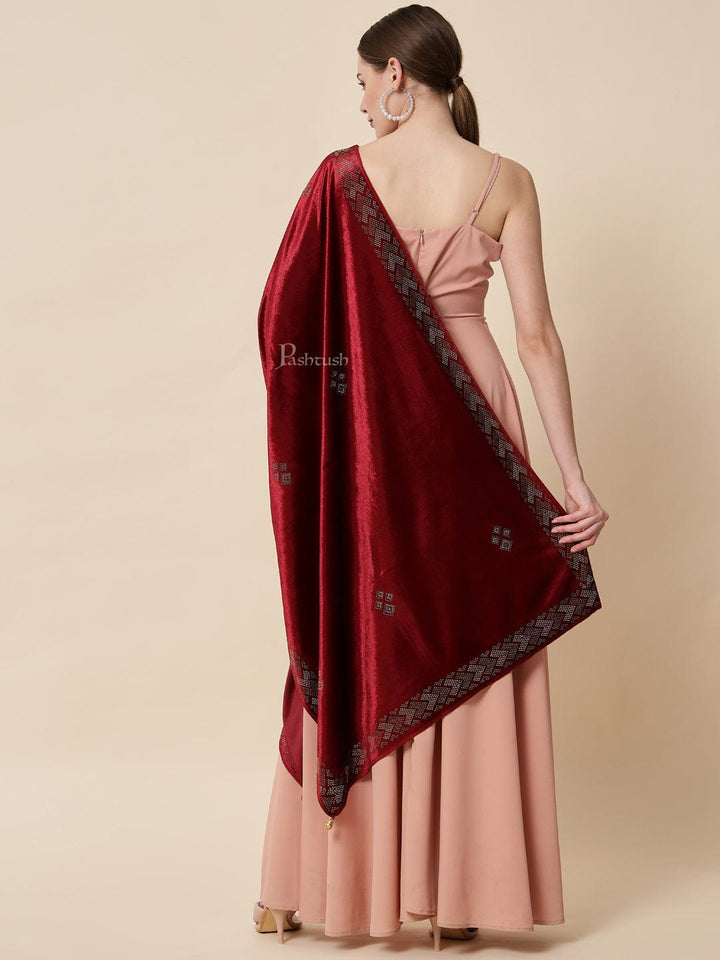 Pashtush India Womens Stoles and Scarves Scarf Pashtush Womens Soft Velvet Stole, Embellished With Shimmery Crystal Work, Maroon