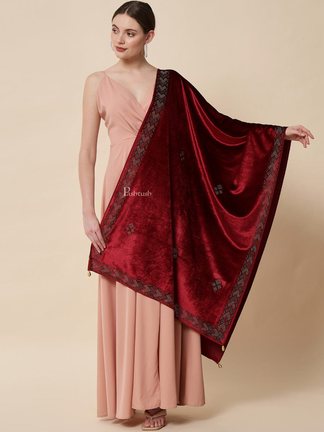 Pashtush India Womens Stoles and Scarves Scarf Pashtush Womens Soft Velvet Stole, Embellished With Shimmery Crystal Work, Maroon