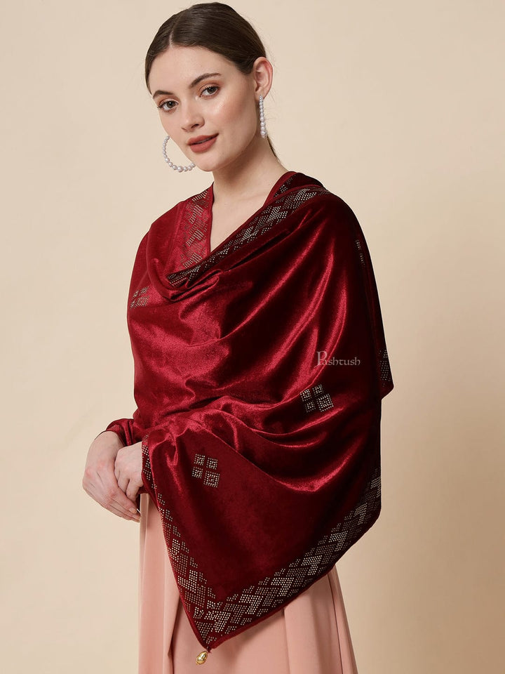 Pashtush India Womens Stoles and Scarves Scarf Pashtush Womens Soft Velvet Stole, Embellished With Shimmery Crystal Work, Maroon
