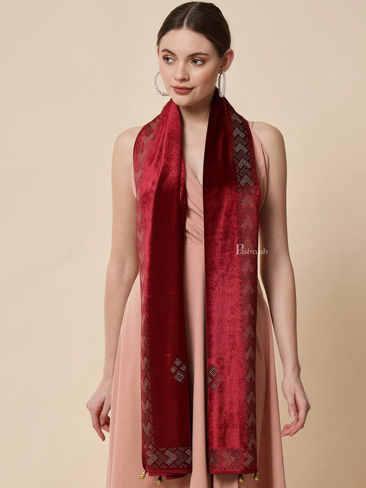 Pashtush India Womens Stoles and Scarves Scarf Pashtush Womens Soft Velvet Stole, Embellished With Shimmery Crystal Work, Maroon