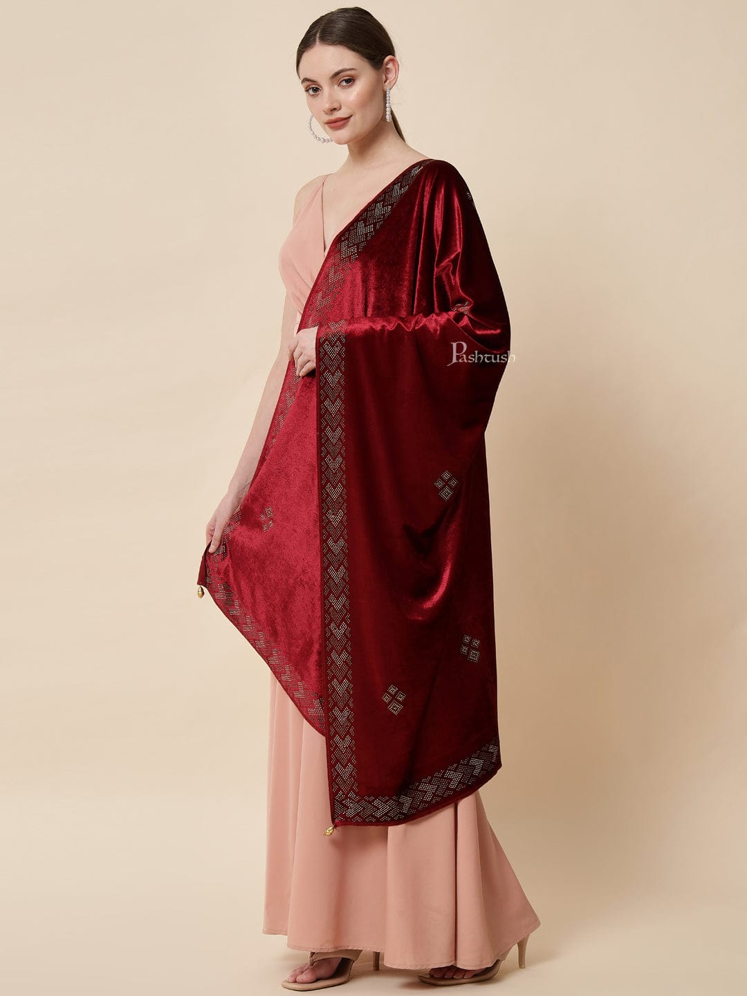 Pashtush India Womens Stoles and Scarves Scarf Pashtush Womens Soft Velvet Stole, Embellished With Shimmery Crystal Work, Maroon