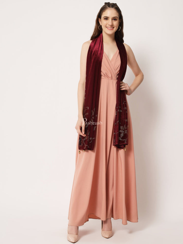 Pashtush India Womens Stoles and Scarves Scarf Pashtush Womens Soft Velvet Stole, Embellished With Shimmery Crystal Work, Maroon