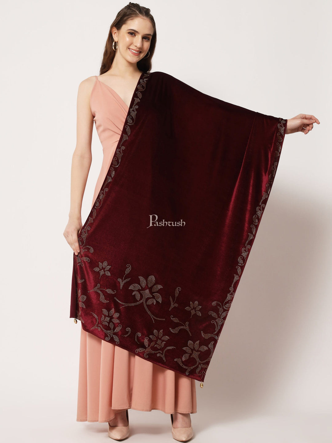 Pashtush India Womens Stoles and Scarves Scarf Pashtush Womens Soft Velvet Stole, Embellished With Shimmery Crystal Work, Purple