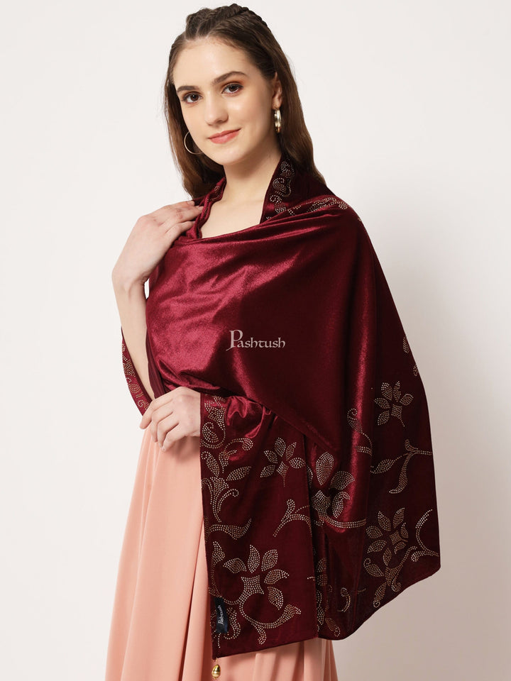 Pashtush India Womens Stoles and Scarves Scarf Pashtush Womens Soft Velvet Stole, Embellished With Shimmery Crystal Work, Purple