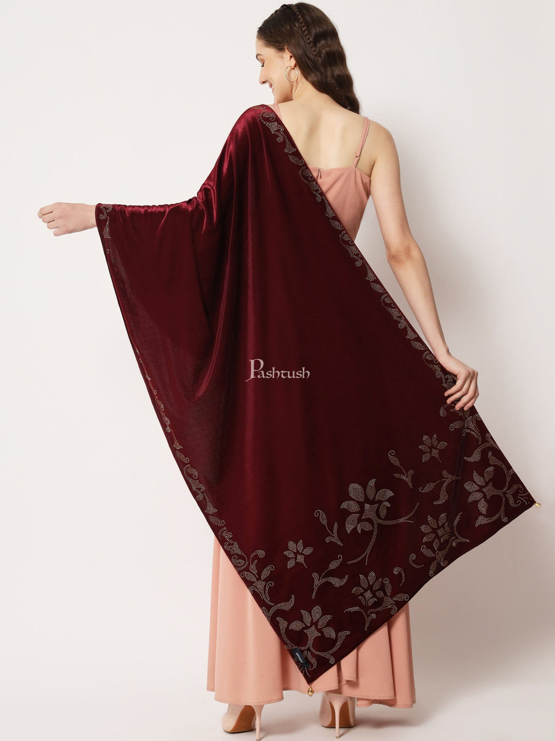 Pashtush India Womens Stoles and Scarves Scarf Pashtush Womens Soft Velvet Stole, Embellished With Shimmery Crystal Work, Purple
