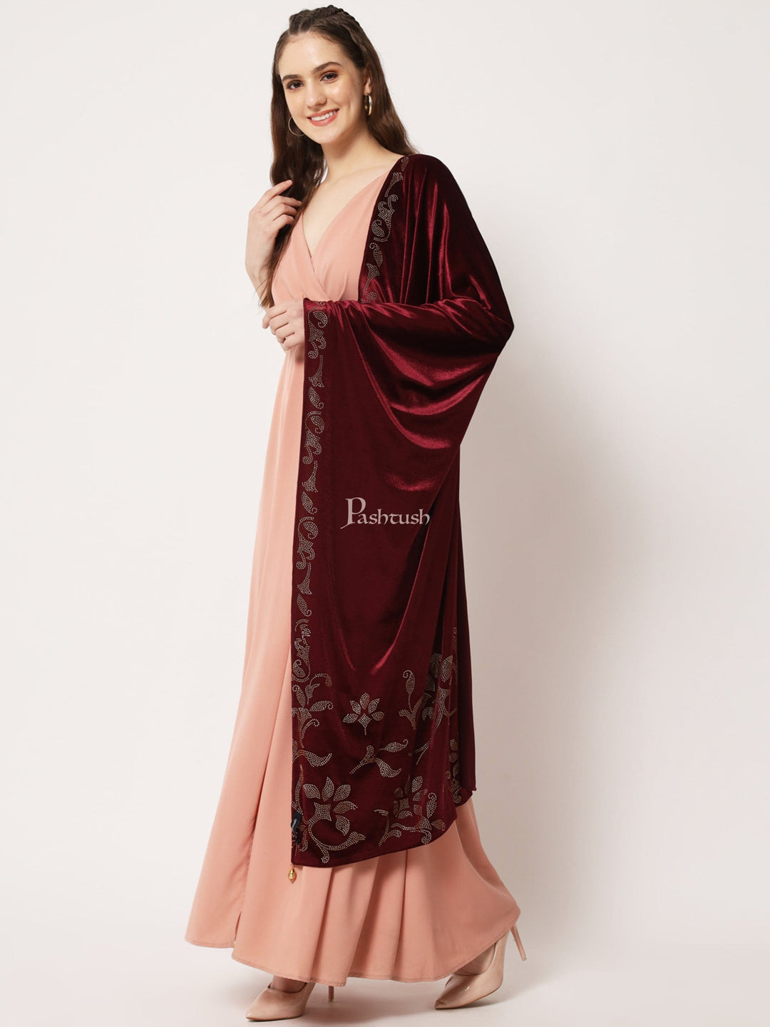 Pashtush India Womens Stoles and Scarves Scarf Pashtush Womens Soft Velvet Stole, Embellished With Shimmery Crystal Work, Purple