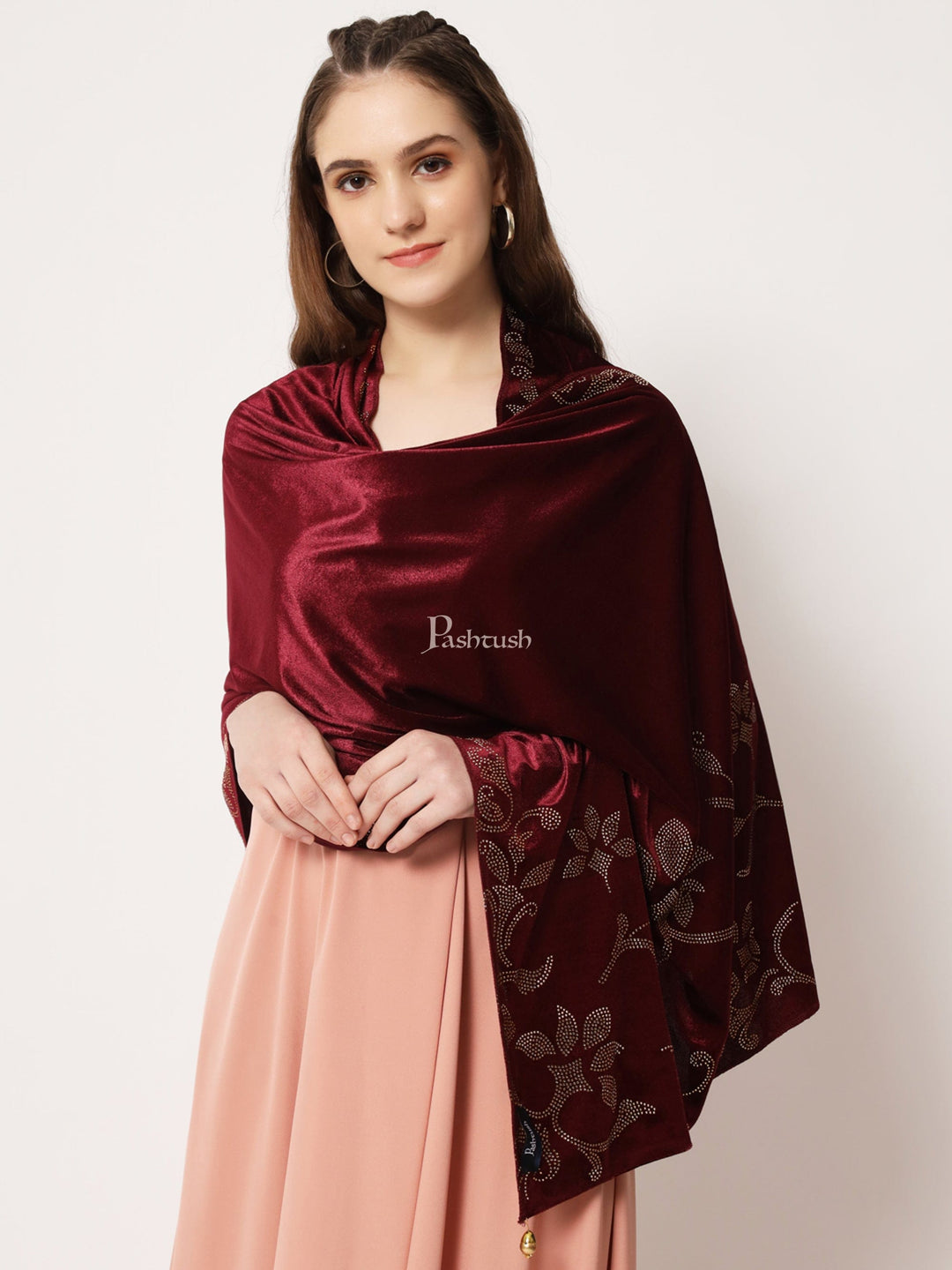 Pashtush India Womens Stoles and Scarves Scarf Pashtush Womens Soft Velvet Stole, Embellished With Shimmery Crystal Work, Purple
