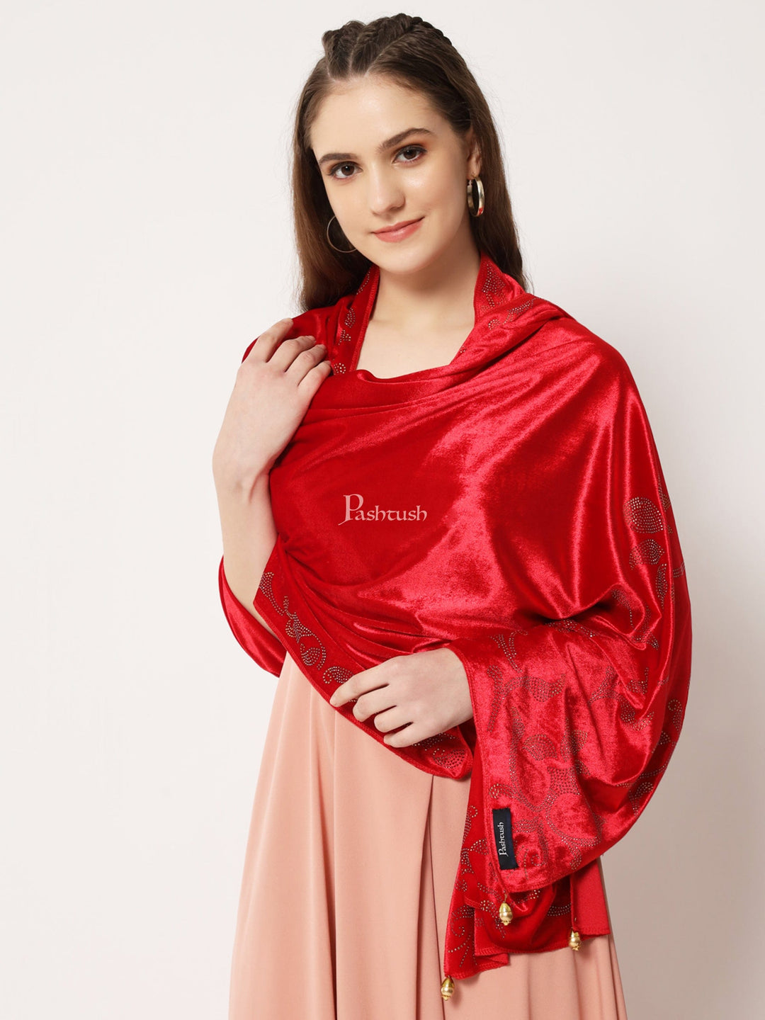 Pashtush India Womens Stoles and Scarves Scarf Pashtush Womens Soft Velvet Stole, Embellished With Shimmery Crystal Work, Red