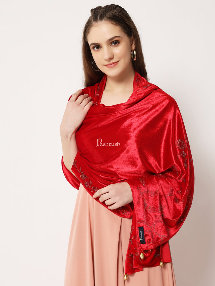 Pashtush India Womens Stoles and Scarves Scarf Pashtush Womens Soft Velvet Stole, Embellished With Shimmery Crystal Work, Red