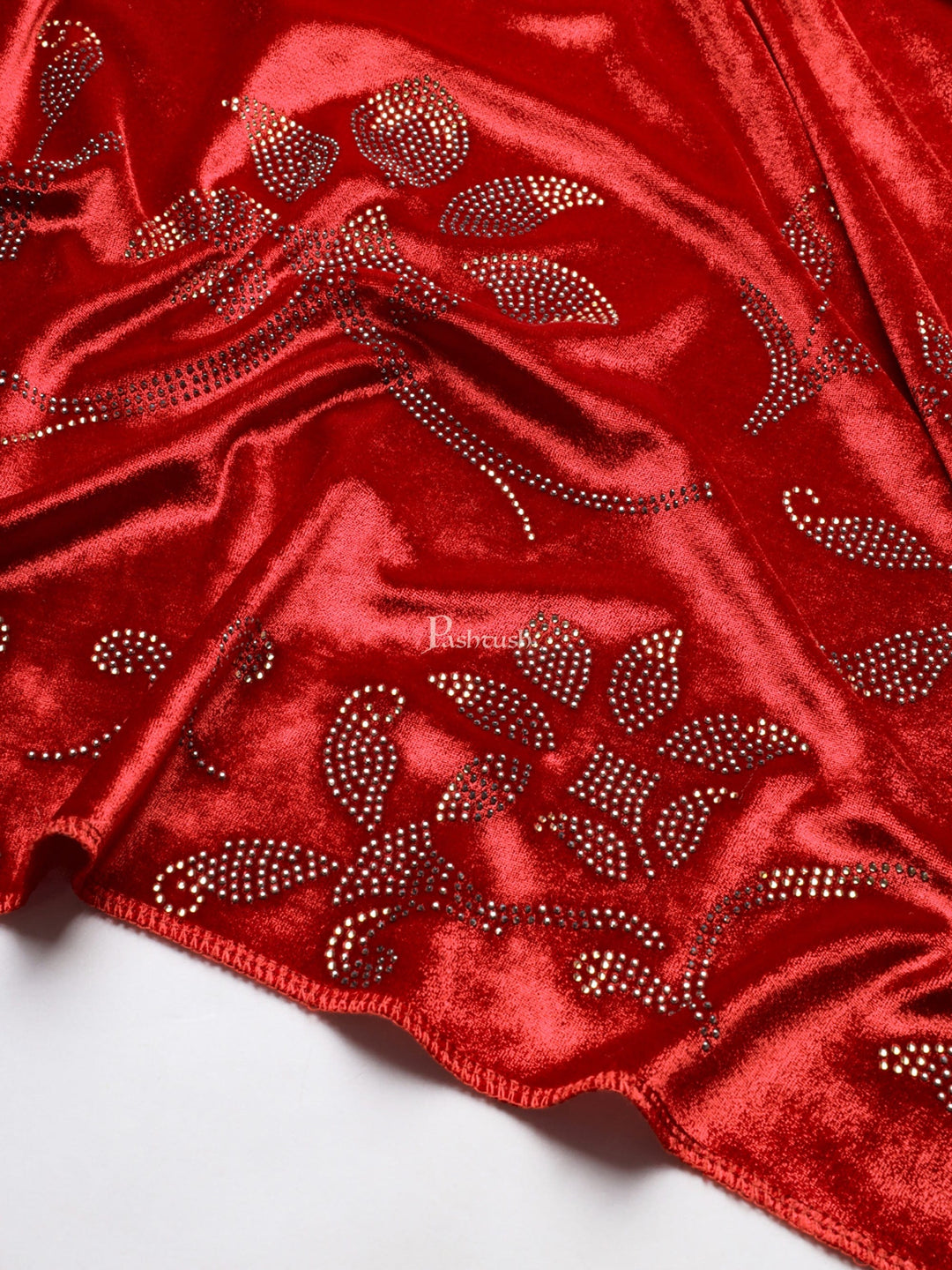 Pashtush India Womens Stoles and Scarves Scarf Pashtush Womens Soft Velvet Stole, Embellished With Shimmery Crystal Work, Red