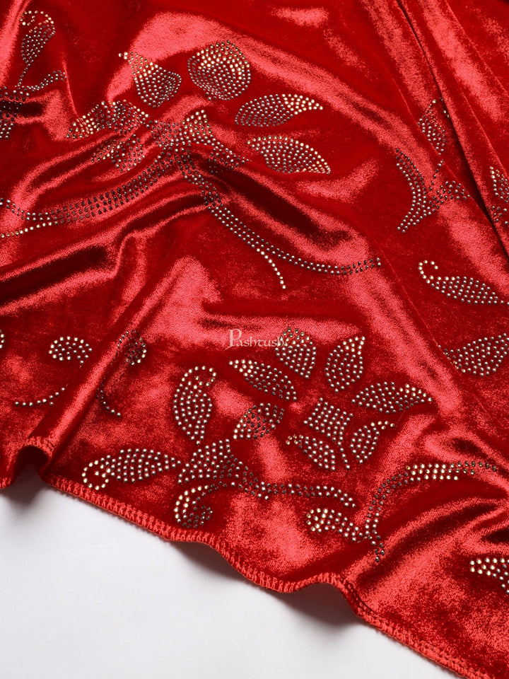 Pashtush India Womens Stoles and Scarves Scarf Pashtush Womens Soft Velvet Stole, Embellished With Shimmery Crystal Work, Red