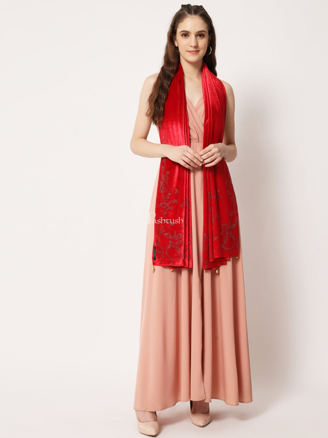 Pashtush India Womens Stoles and Scarves Scarf Pashtush Womens Soft Velvet Stole, Embellished With Shimmery Crystal Work, Red