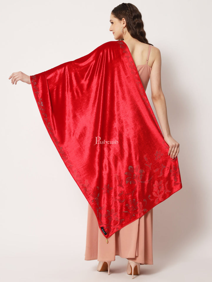 Pashtush India Womens Stoles and Scarves Scarf Pashtush Womens Soft Velvet Stole, Embellished With Shimmery Crystal Work, Red