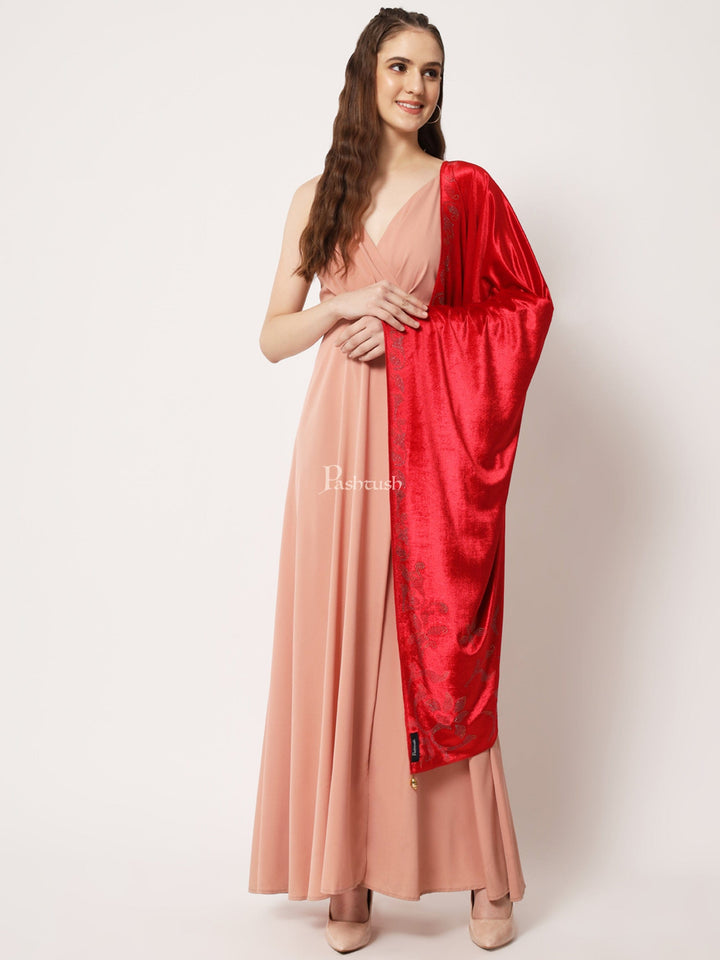 Pashtush India Womens Stoles and Scarves Scarf Pashtush Womens Soft Velvet Stole, Embellished With Shimmery Crystal Work, Red