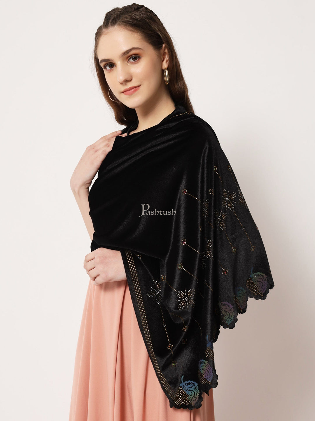 Pashtush India Womens Stoles and Scarves Scarf Pashtush Womens Soft Velvet Stole, Embellished With Shimmery Crystal Work, Twilight Collection, Black